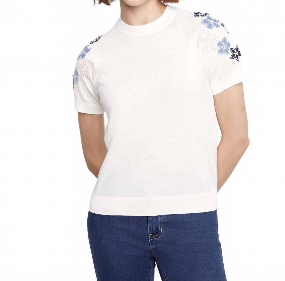 NEW CHARLIE B short sleeve crew neck sweater in white flowers